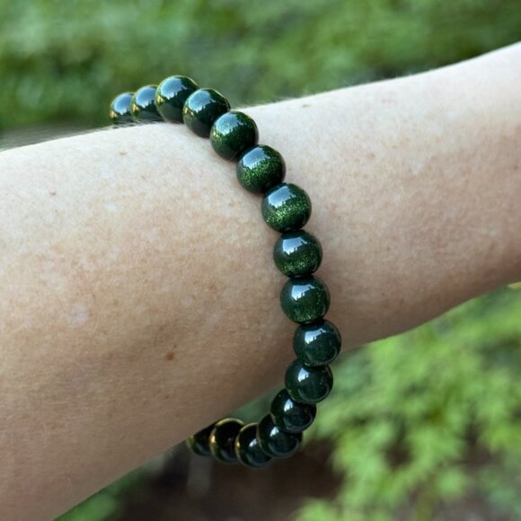 Green Golden Glass Beaded Unisex Bracelet 8MM Stretchy Handmade Jewelry - Picture 6 of 9